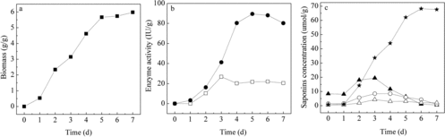 Figure 6. Kinetics of biomass growth (a) and enzyme activity (b) of α-rhamnase (Display full size) and β-glucosidase (Display full size) during mixed-culture SSF. Profiles (c) of concentrations of diosgenin-diglucoside (▴), diosgenin-glucoside-rhamnoside (Display full size), diosgenin-glucoside (△) and diosgenin (☆) during mixed-culture SSF. The standard deviations were less than 10%.