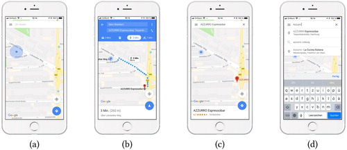 Figure 1. Screenshots of the MapRecorder application for each of the states: Map-View Manipulation (a), Directions (b), Place (c) and Search (d). Map data and image © 2019 Google.