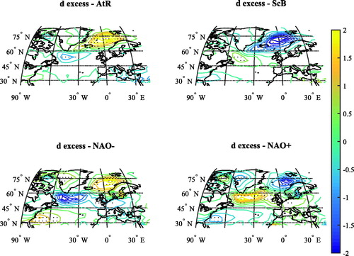 Fig. 7. ECHAM5-wiso deuterium excess anomaly pattern associated with each 500 mb gph weather regime. Dotted area is significant at the 95% confidence level.