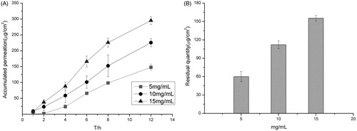 Figure 2. (A) Accumulative amount of drug permeated in 12 h under different drug loading and (B) the amount of drug remained in the skin under different drug loading. Data represents mean with standard deviation at n = 3.