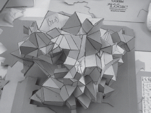 Figure 2. Clare Qualmann Untitled (Ci/SfB Sculpture) work-in-progress, 2008, library files, glue, approx. 30 cm × 30 cm × 25 cm.▪ Photo courtesy of the artist.