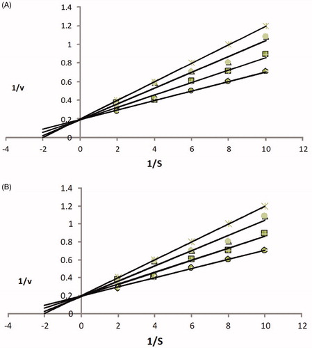 Figure 3. (A) Acetylecholinesterase inhibition by compound 1 is the Lineweaver–Burk plot of reciprocal of initial velocities versus reciprocal of four fixed substrate concentrations in absence (•) and presence of 100 μM (▪), 75 μM (▴), 50 μM (×) of compound 1. (B) Butyrylecholinesterase inhibition by 1 in absence (•) and presence of 100 μM (▪), 75 μM (▴), 50 μM (×) of compound 1.