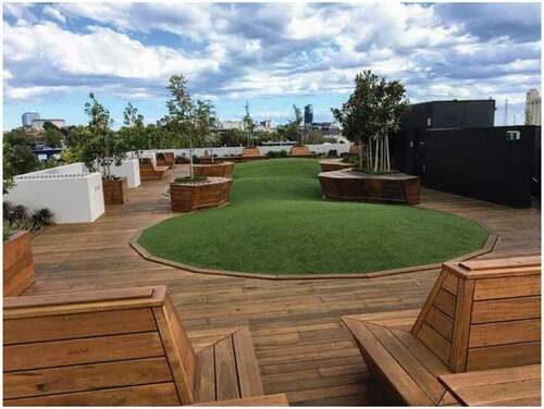 Communal terrace amenities, including greenery, seating and [lack of] shelter. Photo by Alexandra Kleeman.