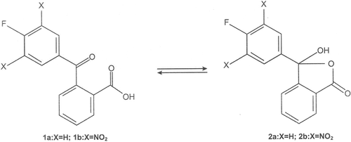 Scheme 1.  Keto-acid and lactol tautomeric forms of 2-(4-fluorobenzoyl)benzoic acid and 2-(3,5-dinitro-4-fluorobenzoyl)benzoic acids.
