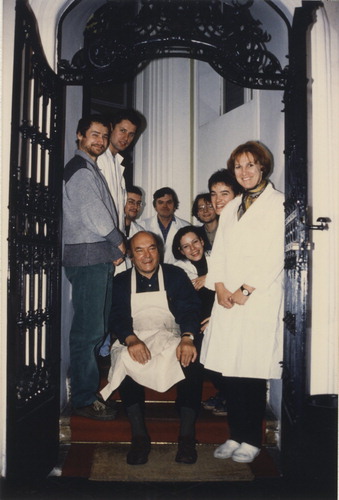 FIGURE 4. Christopher Clarkson with students-participants from the Archives of Slovenia and National and University Library in Ljubljana, during the first workshop ‘Late Medieval Stiff-Board Bookbinding Construction’ in 1997. (Photograph: Dragica Kokalj).