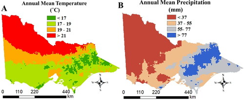 Figure 3. Climate conditioning factors for Victoria: (A) annual mean temperature, and (B) annual mean precipitation. The colour codes for each map are described in each figure.