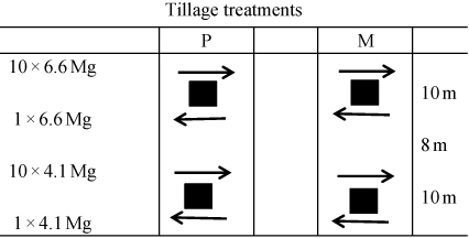 Figure 1. Field layout: treatments: P = autumn ploughing, M = minimum tillage (direct drilling to winter wheat, shallow harrowing to spring oats). Black boxes mark sampling pits. The reference pits were situated close by.