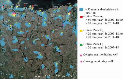 Figure 7. Land subsidence areas in Jakarta, 2007–18. Readers of the print article can view this figure in colour online at https://doi.org/10.1080/07900627.2021.1921709