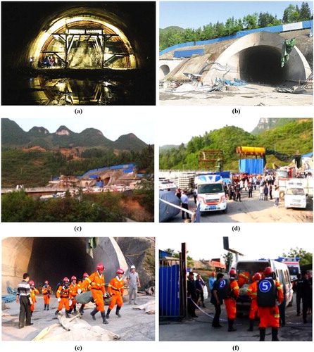 Figure 3. Disaster situation of QSY tunnel: (a) Coal strata where QSY tunnel. Sources: http://dsb.gzdsw.com; (b) Tunnel portal after accident. Sources: http://hnrb.hinews.cn; (c) Rescue operation. Sources: http://www.chinanews.com; (d) Rescue vehicle. Sources: http://www.chinanews.com; (e) Rescue operation. Sources: http://www.chinanews.com; (f) Rescue operation. Sources: http://www.chinanews.com