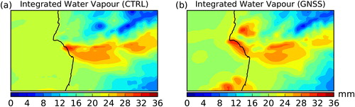 Fig. 10. AROME-Morocco 8-hour forecast range valid at 08 UTC, 1 March 2018 for: integrated water vapour (in mm) from (a) CTRL experiment (b) GNSS experiment.