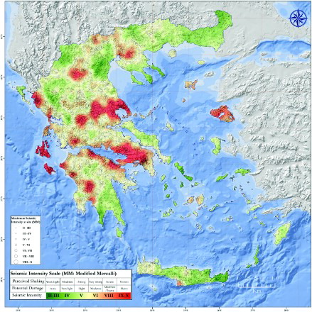 Figure 3. Maximum intensities map of Greece, shallow events (depth ≤60 km).