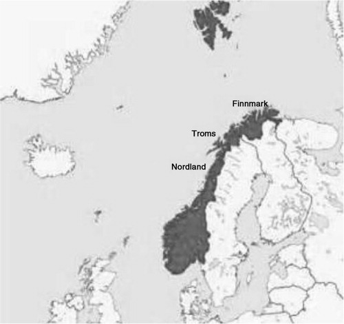 Fig. 1.  The figure shows the Scandinavian Peninsula with Norway in grey and the 3 northern counties of Norway marked with their names.