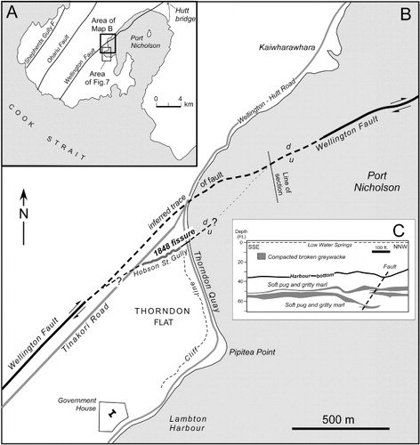 Figure 5 A, Map of Wellington Peninsula and Port Nicholson showing map areas of 5B and Fig. 7, and position of the Hutt bridge damaged by the 19 October 1848 aftershock (see text). B, Map showing location of the 1848 fissure at Thorndon, Hobson Street Gully and Tinakori Road, Wellington and the mapped (solid line) and inferred (dashed line) surface trace of the Wellington Fault (after Perrin & Wood 2004; submarine trace after Lewis Citation1989). C, Section along the Thorndon (Aotea Quay) breastworks (position of section line shown on B) depicting disturbed harbour sediment layers, inferred location and dip of a ‘subsidiary’ fault (after Adkin Citation1950).