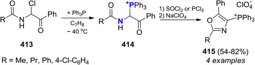 Scheme 239. Syntheses of oxazole derivatives from Ph3P and N-(1-chloro-2-oxo-2-phenylethyl)amides.[Citation804]
