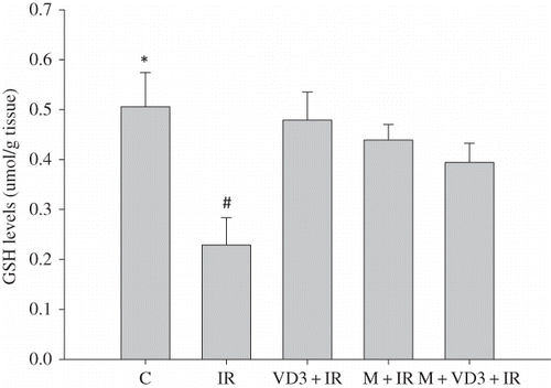 Figure 3.  Renal tissue glutathione (GSH) levels.Note: *C versus IR and p = 0.015; #IR versus VD3 and IR versus M, p = 0.009. For abbreviations, see legend to Figure 1.