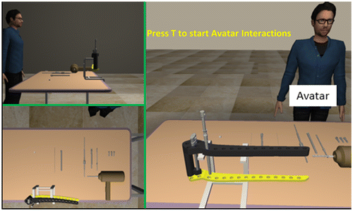 Figure 6. A view of one of the training scenarios (related to practicing assembling the LISS plate); an avatar seen in two of the views is used to help residents interact with the simulator).