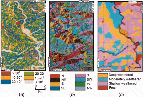 Figure 2. (a) Slope amount map generated through a digital elevation model (DEM), (b) slope aspect map generated through a DEM and (c) weathering map of the study area. Available in colour online.