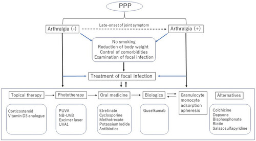 Figure 5 Management of Japanese PPP patients is shown. PPP patients are examined whether they have joint manifestation, and educated to quit smoking, reduce body weight, avoid triggers such as cold. Also, they should be checked for focal infection and comorbidities. Topical, systemic, and targeted immunomodulatory therapies, as well as phototherapy and granulocyte monocyte adsorption apheresis therapies are adopted.