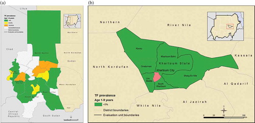 Figure 2. (a) Prevalence of trachomatous inflammation – follicular (TF) in 1–9-year-olds by evaluation unit in selected Darfur districts, Global Trachoma Mapping Project, Sudan, 2014–2015. (b) Prevalence of trachomatous inflammation – follicular (TF) in 1–9-year-olds by evaluation unit in Khartoum, Global Trachoma Mapping Project, Sudan, 2014–2015.