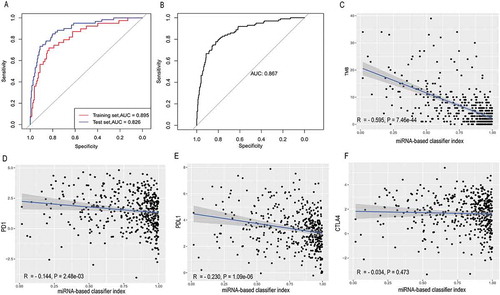 Figure 4. Receiver operating characteristic curves for the 25-miRNA-based signature index and its correlation with TMB, PD-1, PD-L1 and CTLA-4. (a) Receiver operating characteristic analyses in the training and the test set. (b) Receiver operating characteristic analyses in the total set. (c) The 25-miRNA-based signature index is highly correlated with TMB (d) The 25-miRNA-based signature index shows low correlation with PD-1 expression. (e) The 25-miRNA-based signature index shows low correlation with PD-L1 expression. (f) The 25-miRNA-based signature index is not correlated with CTLA4 expression.