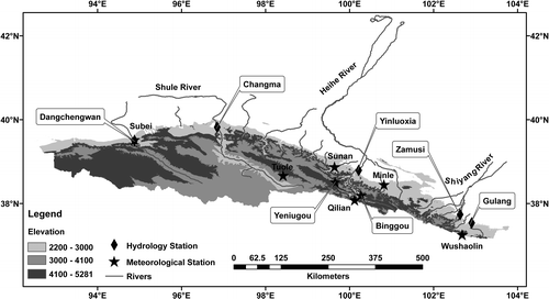 FIGURE 1 The study area, with meteorological and hydrological stations and major river systems.