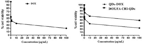 Figure 6. Percent cell viability of DOX, DOX-QDs and DOX/FA-CHI-QDs final formulations.