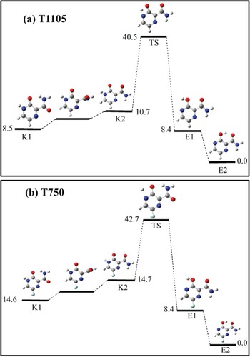 Figure 2. Gas phase energy profiles for keto-enol tautomerization processes in isolated neutrals of substituted FAV drug derivatives: (a) FAV-H and (b) FAV-F. Relative energies are in kcal/mol.