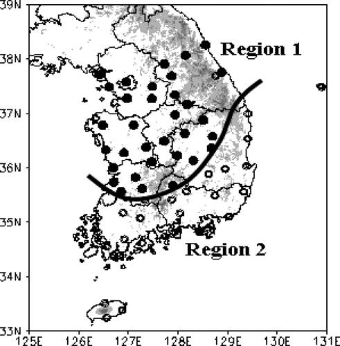 Fig. 6. Verification using Student’s t-test (0.1 significance level) for the rainfall difference shown in Fig. 5c. Closed circles denote areas (Region 1) that there is a difference in rainfall while open circles denote areas (Region 2) that a difference in rainfall is similar.