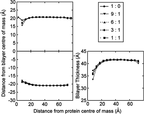 Figure 6.  Bilayer distortion by the KvAP voltage sensor. The mean phosphate distance from the bilayer centre of mass in the (A) upper and (B) lower leaflets is shown as a function of distance from the protein surface for the voltage sensor (pdb code 1ORS). The bilayer (phosphate-phosphate) thickness is shown in (C). Five simulations were run, with a DPPC:DPPG ratio of 1:0, 9:1, 6:1, 3:1 and 1:1. The extent of the distortion is similar in all simulations, with no correlation between the extent of the distortion and the concentration of anionic lipids.