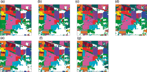 Figure 6. Classification maps for Indian Pines data with RF classifier using EMAPs of (a) PCA, (b) KPCA, (c) DAFE, (d) DBFE and (e) NWFE, and feature reduction applied on EMAP using (f) NW-NW and (g) KP-NW.
