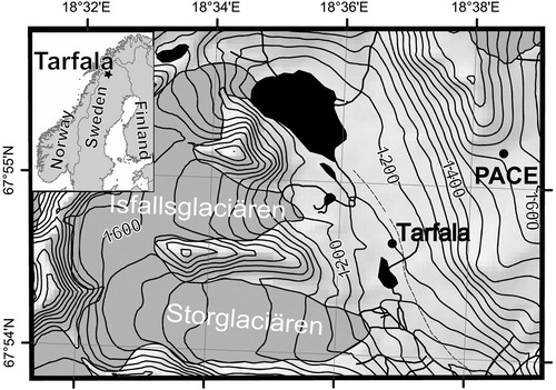 Fig. 1 Location and overview map of the Tarfala valley, including sites where air temperature was recorded (Tarfala Research Station) and where ground and air temperature were recorded (PACE). Contour interval is 50 m.