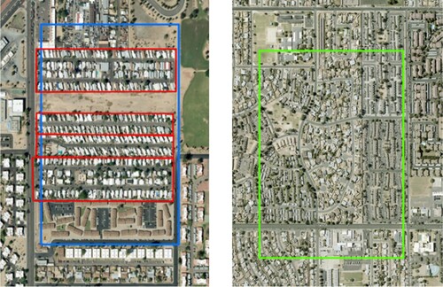 Figure 4. In the left picture, the blue polygon represents a true-positive result generated by MapSwipe. Inside the blue polygon, the red polygons indicate actual MMHCs (Mobile and Manufactured Home Communities) that the authors identified and digitized during crosschecking with the ArcGIS basemap. The right picture illustrates an example of a false-positive polygon generated by MapSwipe.