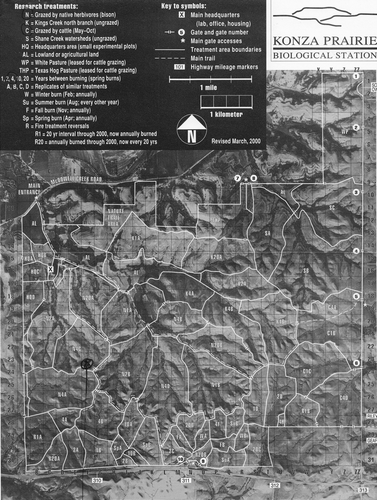 Figure 1.  Konza Prairie Biological Station divided into watersheds. The experiment took place in watershed N4C which was grazed by native Bison, grazed by cattle between May and October, and burned in the spring every four years.