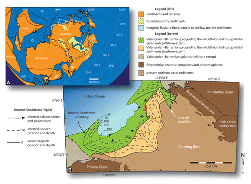 FIGURE 7. A, paleogeographic reconstruction of east Gondwana during the Early Cretaceous (∼130 Ma) showing syndepositional basins within the Australian continental margins and the location of the west Kimberley–Pilbera portion of the Canning Basin (white box) (following Bradshaw et al., Citation1988; Dettmann et al., Citation1992; Bryan et al., Citation1997; Wanderes and Bradshaw, Citation2005; Muller et al., Citation2012). B, outcrop, subsurface extent, and inferred paleochannel directions of the Broome Sandstone relative to study area (red box) and surrounding regional geology (adapted from McWhae et al., Citation1956; Thom, Citation1975; Forman and Wales, Citation1981). AP, Antarctic Peninsula; EAVP, Eastern Australian Volcanic Province; IO, Indian Ocean; M, Madagascar; MBL, Marie Byrd Land; NZT, New Zealand Terrain; PNG, Papua New Guinea; QP, Queensland Plateau; SA, South America; SAO, southern Atlantic Ocean; SPO, southern Pacific Ocean; TO, Tethys Ocean.