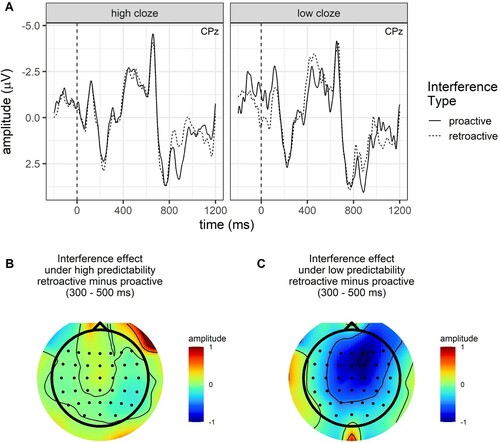 Figure 3. Panel A) ERPs elicited by high and low cloze articles at electrode CPz. Article onset is at 0 ms and noun onset at 500 ms. For visualisation, it was necessary to dichotomise the continuous article cloze probability (high cloze > 0.66; low cloze < 0.33). Negativity is plotted upwards. Panel B) Topographic map of difference wave voltage in μV for brain responses to high cloze articles (retroactive interference – proactive interference) averaged across the N400 time window (300–500 ms after article onset). All topographic maps were generated using code by Craddock (Citation2017). Panel C) Topographic map of difference wave voltage in μV for brain responses to low cloze articles (retroactive interference – proactive interference) averaged across the N400 time window (300–500 ms after article onset).