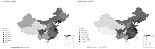 Figure 1. Spatial distribution of China’s FDI inflows performance in 2012 and 2019.Source: China Urban Statistics Yearbook (2013–2020).