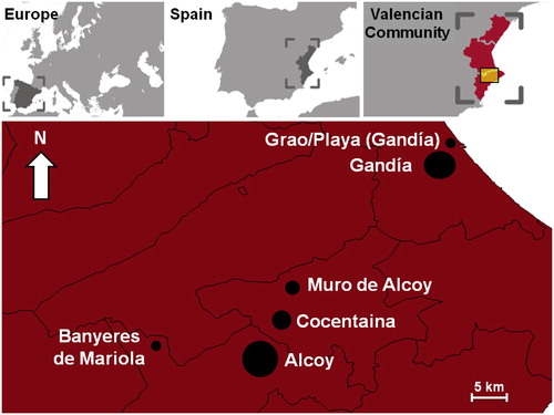 Figure 1. Maps showing selected Valencian localities (Spain, Europe) for the study of factors affecting the abundance of House Sparrows in urban areas of southeast of Spain between 2014 and 2016. The sizes of the circles show how large the urban areas are in terms of their overall number of inhabitants.