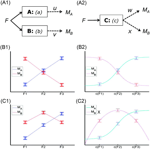 Figure 2. One factor, two measurements: reversed associations. Possible manner in which one experimental factor, F, could affect two independent measurements (M A and M B ) of two modules A and B (Panel A1), or a single module C (Panel A2). Example data when F (with three levels) has opposite effects of M A and M B (Panel B1), which can be explained by two modules (even with linear measurement functions u and v), but can also be explained by different, (non)linear but monotonic measurement functions, w and x, of the single module C (Panel B2). Example data that comprise a reversed association (Panel C1), which monotonic functions M A and M B cannot explain, given only a single module, even if that module implements a nonlinear function of F, c(F) (Panel C2; the cross by the label for M B indicates that this measurement function has to be nonmonotonic in order to fit the data, violating the present assumptions). This data pattern therefore does constitute evidence against a single module account (see text).