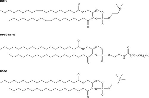 Figure 2 Chemicals used for liposome preparation.Notes: Cholesterol was compounded with the synthetic lipids DOPC and DSPC to produce O-1 and S-1 particles, respectively. ACD-1 liposomes were composed of cholesterol, synthetic MPEG-DSPE, and HSPC. The latter is a complex mixture of phosphatidylcholines of which DSPC is one representative of many possible structures in the product. Lecithin liposomes were based on a combination of natural egg yolk lecithin and cholesterol.Abbreviations: DOPC, 1,2-dioleoyl-sn-glycero-3-phosphocholine; DSPC, 1,2-distearoyl-sn-glycero-3-phosphocholine; HSPC, hydrogenated soy l-phosphatidylcholine; MPEG-DSPE, 1,2-distearoyl-sn-glycero-3-phosphoethanolamine-N-[amino(polyethylene glycol)-2000].