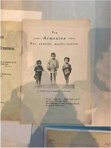 Figure 5. Biørn’s fundraising pamphlet ‘Armenia our current martyr nation: Three small exhausted children before admission into our orphanage’. Source: Riksarkivet Norge.