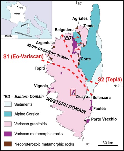 Figure 1. Schematic geological map of the Corsica island, showing the Alpine domain in the NE, and the Variscan domain in the rest of the island (modified after CitationMassonne et al., 2018). Variscan Corsica consists of several generations of granitoids with septa of Variscan metamorphic rocks and Neoproterozoic metamorphic ones. The tectonic lines S1 and S2 (dotted red lines), interpreted as two Variscan sutures (the Eo-Variscan between N Gondwana and Armorica, and the Teplá between Armorica and the eastern Variscan domains, respectively) have been drawn according to CitationFaure et al. (2014); the red arrows East of the Belgodere septum indicate the tectonic direction of the ductile and syn-metamorphic deformation phase in the Belgodere area.