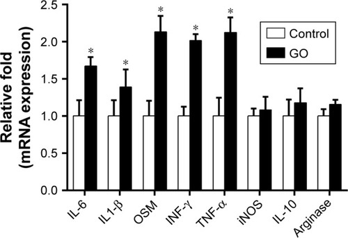 Figure 4 Inflammatory response of macrophages cultured with GO conditioned medium. RT-PCR showed that gene expression was increased. *P<0.05 versus the control group.Abbreviations: GO, graphene oxide; IL, interleukin; INF-γ, interferon gamma; iNOS, inducible nitric oxide synthase; OSM, oncostatin M; TNF-α, tumor necrosis factor alpha; RT-PCR, reverse transcriptase-polymer chain reaction.