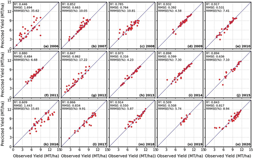 Figure 10. The scatterplots of in-season observed and predicted corn yield using SVR model (year wise).