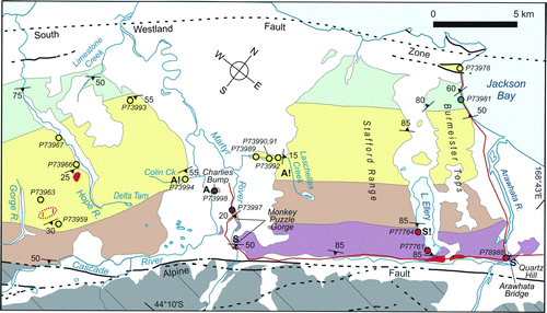 Figure 4  Map showing location of samples in the Hope River–Cascade River area used for this study, and interpreted metamorphic zone boundaries. Legend as for Fig. 3. Background geology from Rattenbury et al. (2010).