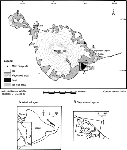 FIGURE 1. Location of Heard Island and study sites. Locations of sites shown in Figure 2 are indicated by boxes on inset maps. Topographic data for Heard Island supplied by Australian Antarctic Data Centre