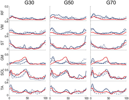 Figure 1. Average normalized muscle activation signals for different GF (30, 50 and 70) and BWS conditions during Lokomat walking (solid blue line BWS30, dotted line BWS50 and dashed line BWS70) and during treadmill walking (red line).