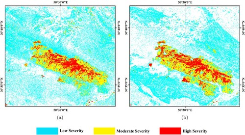 Figure 7. Burn severity maps obtained by our proposed method for the fire occurred in the Khaeiz protected area in May 2020 using (a) dNBR image, and (b) dNBR2 image.