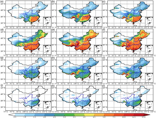 Fig. 4 Spatial distribution of seasonal mean daily precipitation (mm d−1) averaged during the 1996–2005 period as observed (OBS) and simulated by CCSM4 and downscaled by WRF: (a) OBS (MAM), (b) CCSM4 (MAM), (c) WRF (MAM), (d) OBS (JJA), (e) CCSM4 (JJA), (f) WRF (JJA), (g) OBS (SON), (h) CCSM4 (SON), (i) WRF (SON), (j) OBS (DJF), (k) CCSM4 (DJF), and (l) WRF (DJF).