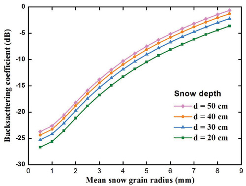 FIGURE 4. Volume scattering as a function of mean snow grain radius at various snow depths. The following parameters were used: frequencies, C band; polarization, VV; incidence angle, 45°; snow density, 187.26 kg m-3; radius of water inclusions, 1.5 mm; snow dielectric constant, (1.35, -0.007); and water dielectric constant, (86, -36).