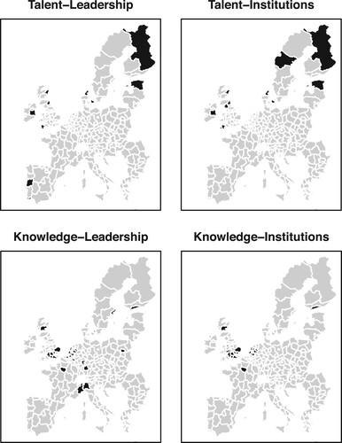Figure 2. Maps of high-performing entrepreneurial ecosystem configurations in Europe.Source: Eurostat/GISCO (n.d.) Administrative units/Statistical units, https://ec.europa.eu/eurostat/web/gisco/geodata/reference-data/administrative-units-statistical-units